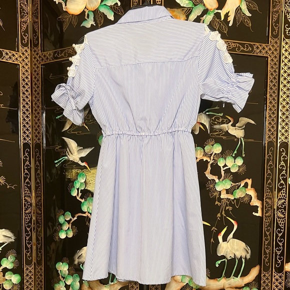 Light Blue Pinstriped Lace and Pearl Sleeved Shirt Dress - Picture 5 of 6